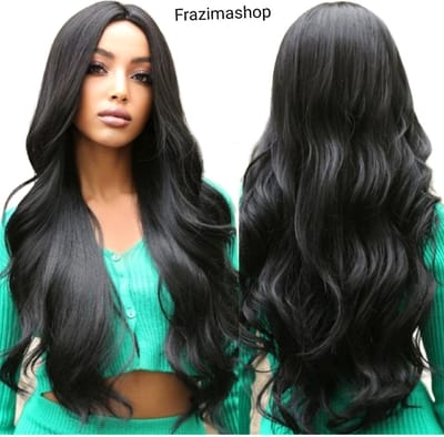 Frazimashop- Hittebestendige hoge kwaliteit pruiken - Golven Synthetisch wigs- Zwarte Pruik - Pruiken Dames Lang Haar - Wig - Golvend Zwart - 75 cm