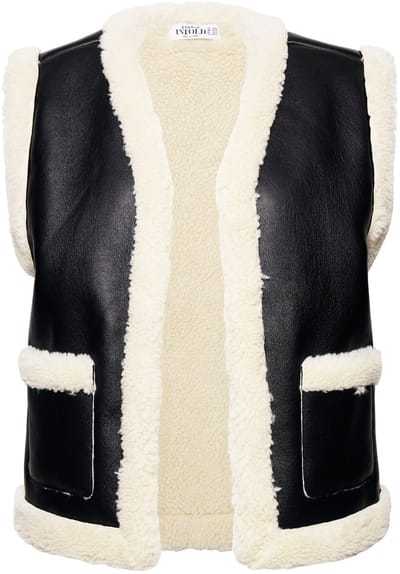 Studio Untold - Dames - Vest korte A-lijn bontlook met imitatieleer - Zwart - Maat 42+