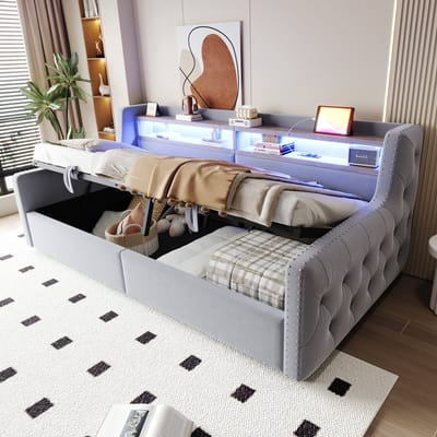 DESMIU Slaapbank 90x200 cm – Met LED en Oplaadpunten – Hydraulische Opbergruimte – Voor Woonkamer en Slaapkamer – Fluweel – Lichtgrijs – Zonder Matras