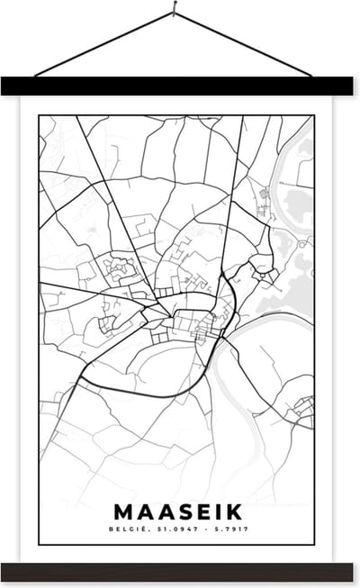 Posterhanger incl. Poster 40x60 cm - Schoolplaat - Stadskaart – Zwart Wit - Kaart – Maaseik – België – Plattegrond - Textielposter - Zwarte latten - Stadskaart
