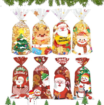 Dailygoods- Snoepzakjes 100 stuks - Kerstzakjes 27 x 12,5 cm - Cellofaanzakjes - Gouden linten - Voedselveilig - Perfect voor traktaties - Cadeauzakjes