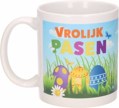 Bellatio Decorations Pasen thema koffiemok - drinkbeker - wit - 300 ml - Paasversiering - Vrolijk Pasen