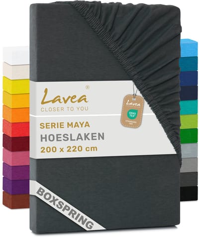 Lavea® Hoeslaken 200x220cm 100% Katoen – Hoge Hoek 35 cm voor Dikke Matrassen – met Elastiek Rondom in Jersey – voor Boxspring – Antraciet