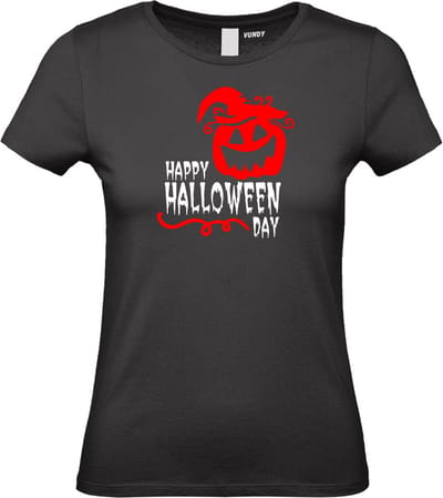 Dames t-shirt Happy Halloween Day | Halloween kostuum kind dames heren | verkleedkleren meisje jongen | Zwart | maat XS