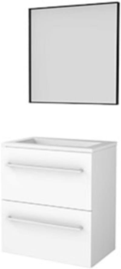 Basic-Line Framed 39 Badkamermeubelset - Ondiep - 60 x 39 cm - Met Grepen - 2 Lades - Acryl Wastafel - Zonder Kraangat - Spiegel met Zwart Aluminium Frame - Ice White