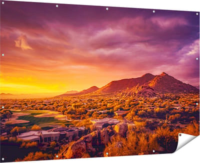 Gards Tuinposter Woestijn Landschap met Zonsondergang - 180x120 cm - Tuindoek - Tuindecoratie - Wanddecoratie buiten - Tuinschilderij