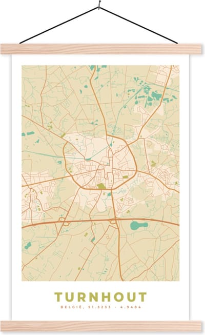 Posterhanger incl. Poster 40x60 cm - Schoolplaat - Vintage - Plattegrond - Stadskaart - Turnhout - Kaart - Textielposter - Blanke latten - Stadskaart