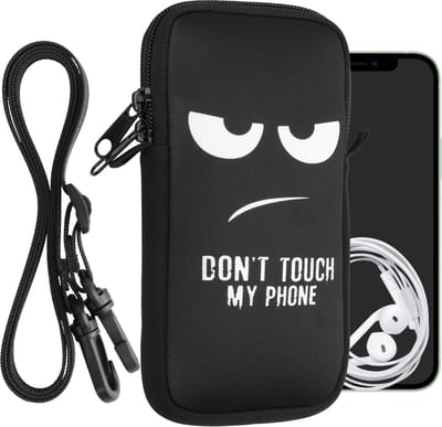 kwmobile Tasje voor smartphones XXL - 7" - Hoesje van neopreen in wit / zwart - Phone case met nekkoord - Don't Touch My Phone design