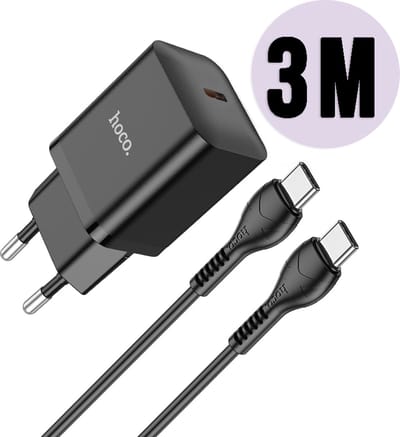 Hoco 20W Snellader + Kabel - Zwart - USB C Stekker met Kabel Geschikt voor Telefoon en Tablet - PD & QC Oplader Inclusief 3m Type-C naar Type-C Kabel