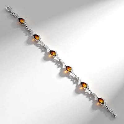 Cavill - Zilveren Armband - 925 Sterling Zilver - 6 Zonsopgang Baltische Barnstenen 2 1 ct - Marquise Cabochon 18 cm - Elegant Warm Goudkleurig Effect