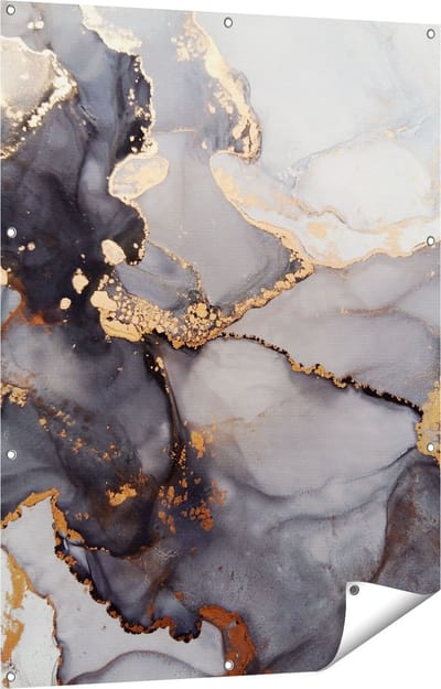 Gards Tuinposter Abstracte Kunst - Grijze Marmer met Goud - 90x120 cm - Tuindoek - Tuindecoratie - Wanddecoratie buiten - Tuinschilderij