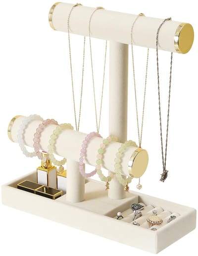 Unyqoos ® sieradenhouder met twee lagen voor kettingen, armbanden en meer – beige fluwelen organizer