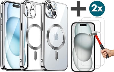 Hoesje met 2 Stuks Screenprotectors Geschikt voor iphone 15 Plus Hoesje - Geschikt voor MagSafe - Arara siliconen Backcover - Zilver