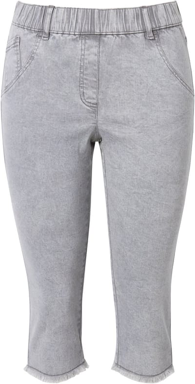 Ulla Popken - Dames - Capri-jeans Sienna gerafelde zoom comfortabele tailleband - Lichtgrijs denim - Maat 42