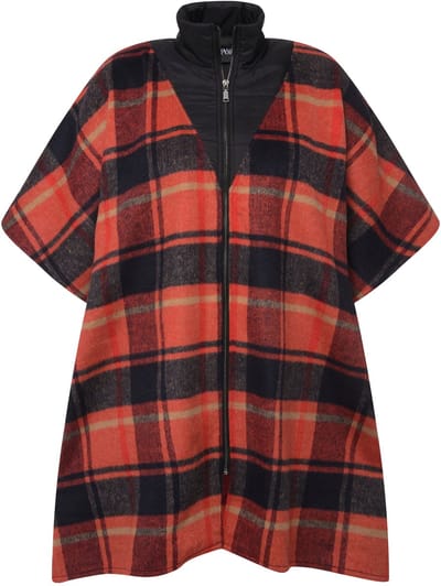 Ulla Popken - Dames - Poncho ruitpatroon Troy-kraag oversized korte mouwen - Roodoranje - Maat 2+