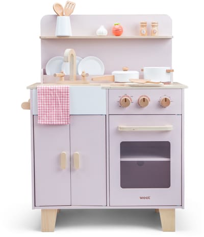 Woet® Houten Speelgoed Kinderkeuken Roze - Speelkeukentje met Pannen, Servies, Groente en Snijplank - Houten Speelkeuken - Werkbladhoogte 55 cm - Rollenspel - Vanaf 3 Jaar
