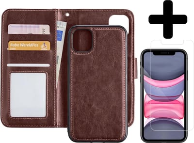 Hoesje - 2 in 1 - Geschikt voor Apple iPhone 11 - Met Screenprotector - En Uitneembare Hard Cover - Bookcase - Wallet Case - Met Pasjeshouder - Book Case - Uitneembaar - Pashouder - Kunstleer - Telefoonhoesjes - Bruin
