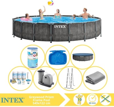 Intex Prism Frame Greywood Zwembad - Opzetzwembad - 549x122 cm - Inclusief Onderhoudspakket, Filter en Voetenbad