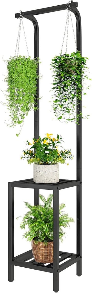 TMJ076B 170 cm hoge plantenstandaard voor binnen en buiten, 3 niveaus metalen hangende plantenplank voor meerdere planten, zware plantenhouder, bloemenstandaard voor woonkamer, terras, balkon