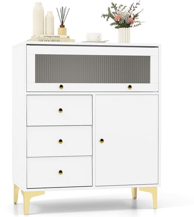 COSTWAY Commode met 3 laden en 2 deuren, dressoir met opklapbare glazen deur en verstelbare plank, opbergkast van hout, bijzetkast voor slaapkamer, entree, hal, wit