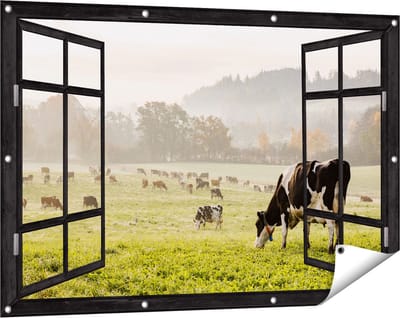 Gards Tuinposter Doorkijk Zwart Witte Koeien in de Wei - 120x80 cm - Tuindoek - Tuindecoratie - Wanddecoratie buiten - Tuinschilderij