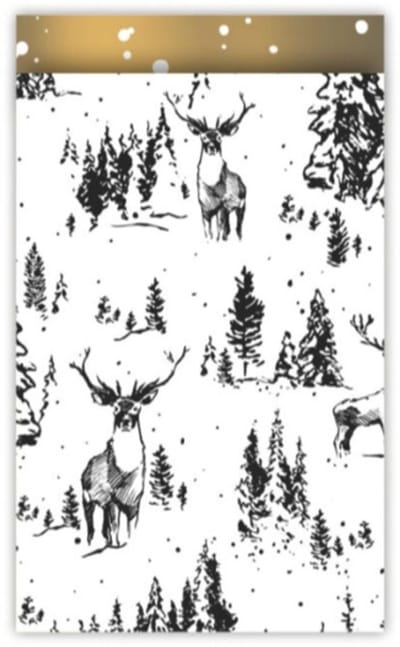 25x Cadeauzakje Reindeer Forest zwart / wit / goud 12x19cm