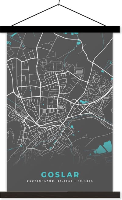 Posterhanger incl. Poster 120x180 cm - Schoolplaat - Blauw – Duitsland – Plattegrond – Stadskaart – Kaart – Goslar - Textielposter - Zwarte latten - Stadskaart