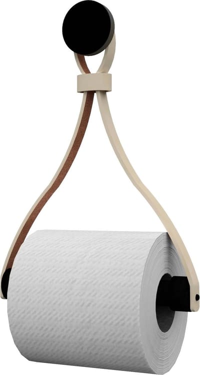 Leren toiletrolhouder 'Triangle' - met Zuignap én schroef - Handles and more® | CREME - roldrager: Zwart rondhout - knop: Zwart