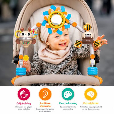 OODBLUE Babywagen Speelboog – Kinderwagen en Babybedje Speelgoed met Rammelaar, Spiegel, Draaibare Figuren en Verstelbare Klemmen
