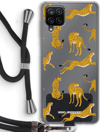 Case Company® - Hoesje met koord geschikt voor Samsung Galaxy A12 hoesje met Koord - Luipaard - Telefoonhoesje met Zwart Koord - Bescherming aan alle Kanten en Over de Schermrand