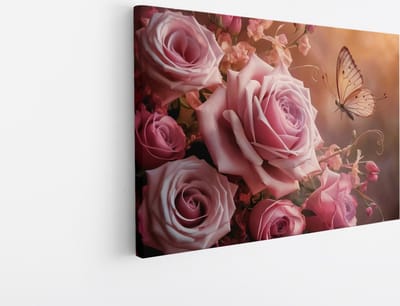 Saammp Canvas Schilderij - Romantische Bloemen - Rozen en Vlinder - 30x20 - Foto op canvas - Wanddecoratie - Muurdecoratie Woonkamer - Kantoor Decoratie