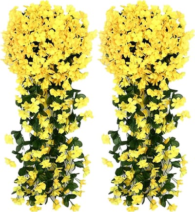 Namajunas - Kunstplant hangend - Kunstbloemen - Kunstplanten voor binnen en buiten - UV-bestendige nepbloemen - Nepplanten voor bruiloft balkon tuin decoratie 90CM - 2 stuks - Geel