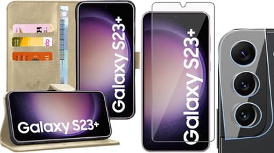 Hoesje geschikt voor Samsung Galaxy S23 Plus - Screenprotector GlassGuard & Camera Lens Screen Protector - Book Case Kunstleer Pasjeshouder Goud