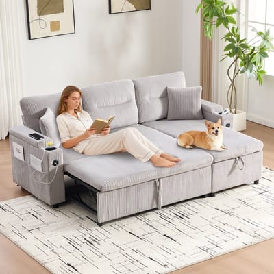 DESMIU Slaapbank 212,5 x 136 x 86 cm - 3-Zits Met Opbergruimte, USB-C, Bekerhouders En Chaise Longue - Woonkamer - Corduroy Lichtgrijs