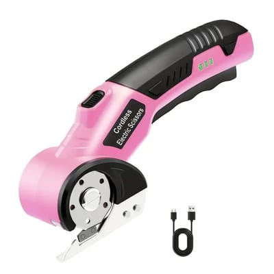 Elektrische Textielschaar - Handheld Stoffensnijder voor Stof Tapijt en Leer - Krachtige Draadloze Ronde Snijder voor Textiel - Professionele Elektrische Snijmachine - Roze
