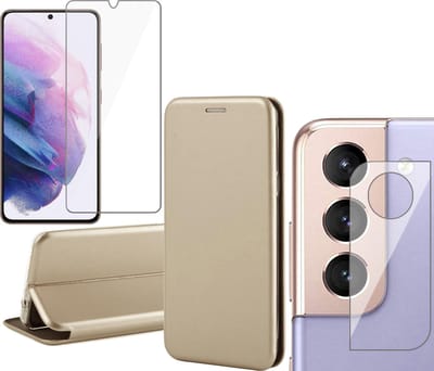Hoesje geschikt voor Samsung Galaxy S21 FE - Book Case Kunstlederen Wallet Cover Minimalistisch Pasjeshouder Hoes Goud - Tempered Glass Screenprotector - Camera Lens Protector