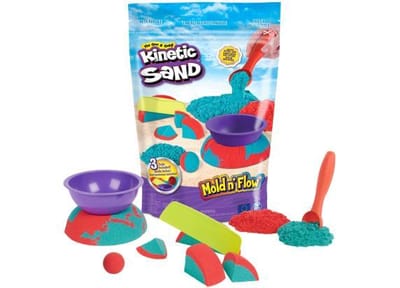 Kinetic Sand - Mold n' Flow-set met 680 g rood en blauwgroen origineel Kinetic Sand en 3 stuks gereedschap - Sensorisch speelgoed