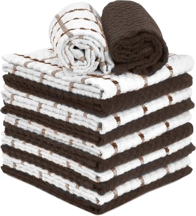 Set van 12 Keukendoeken Bruin & Wit - 100% Katoen Keukenhanddoeken Dobby Weefsel - Zeer Absorberend en Sneldrogend