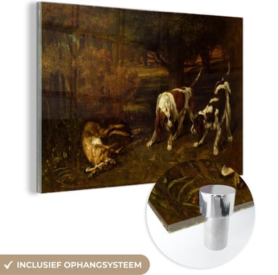 ® Glasschilderij 180x120 cm - Schilderij acrylglas - Jachthonden met dode haas - Schilderij van Gustave Courbet - Foto op glas - Muurdecoratie woonkamer - Wanddecoratie slaapkamer - Schilderijen