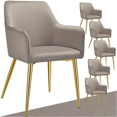 tectake® Eetkamerstoel Avane - Fluweellook - Gestoffeerde stoel met ergonomische armleuningen - Slanke stalen gouden poten - Draagkracht 120 kg - Comfortabele eetkamer- en keukenstoel - Set van 6 - Taupe