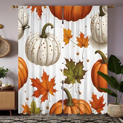 2 stuks HD Oogstfeest Witte pompoen Rode esdoornblad decoratief gordijn Wit lint digitaal bedrukt gordijn Huisdecoratie st W52H63inchW132H160cm white