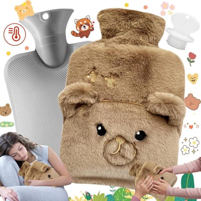 Warmwaterkruik - Pluche Cartoon Afneembare Schattige Hoes - Voor Kinderen - Met Zachte Fleecehoes - 1 Liter Met Deksel - Bruin