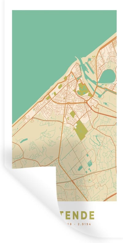 Muurstickers - Sticker Folie - Kaart - Plattegrond - Vintage - Stadskaart - Oostende - 40x80 cm - Plakfolie - Muurstickers Kinderkamer - Zelfklevend Behang - Zelfklevend behangpapier - Stickerfolie