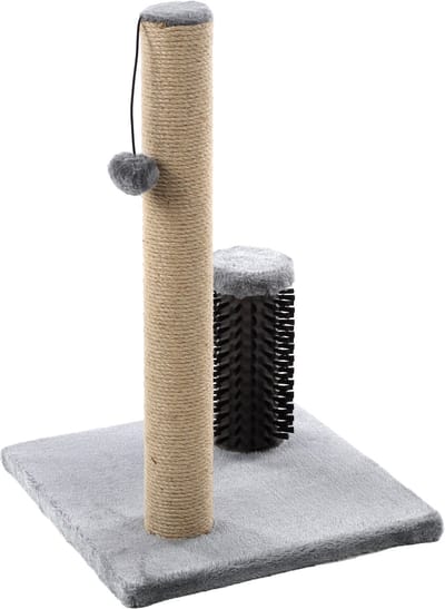 Krabpaal – Flamingo Fico Grijs – 39x39x60,5 cm – krabpaal met borstel & speeltje – kattenmeubel met jute krabtouw & pluche bekleding – compacte kattenboom voor katten van alle groottes