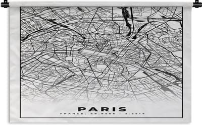 Wandkleed - Wanddoek - Kaart - Paris - Plattegrond - Parijs - Frankrijk - Stadskaart - Zwart wit - 180x120 cm - Wandtapijt