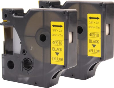 KATRIZ® huismerk label tape voor Dymo 40918 | LabelManager PNP/LabelPoint 150/Protable Labeler PL200/RhinoPRO 5200/6000 | Zwart op Geel | 9mm*7m | 2 stuks
