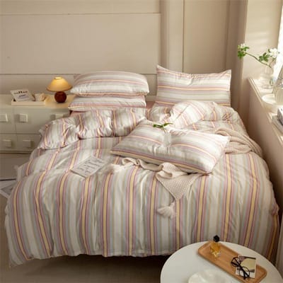 Gestreept Dekbedovertrek Set Queen 100% Gewassen Katoen Beddengoed Set, Luxe Zacht Roze Verticale Strepen Dekbedovertrek, (3 stuks) Single 150x200cm white