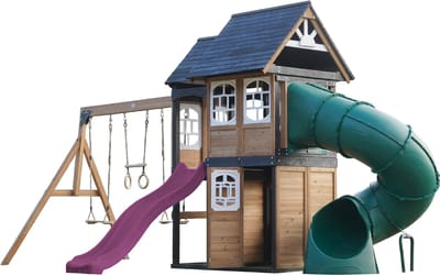 AXI Noud Speeltoestel met Speelhuis, Schommels, Trapeze, Klimwand – Met Bank – Paarse Glijbaan – Met Buisglijbaan - FSC 100% hout – Speeltoestel voor de tuin / buiten