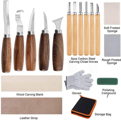 18-Delige Houtsnijwerkset - Houtgraveerset voor Beginners - Complete Houtwerkgereedschapset - Whittling Starter Kit voor DIY Houtwerkprojecten - Met Detailhoutsnijmes, Whittlingmes, Houtkiseleurs en Handschoenen - Voor Spoon, Bowl en Kuksa Cup