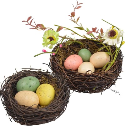 Decoratieve Vogel Nesten met Eieren - Set van 2 - Natuurlijke Rieten Nesten voor Pasen, Voorjaarsdecoratie en Fotoprops